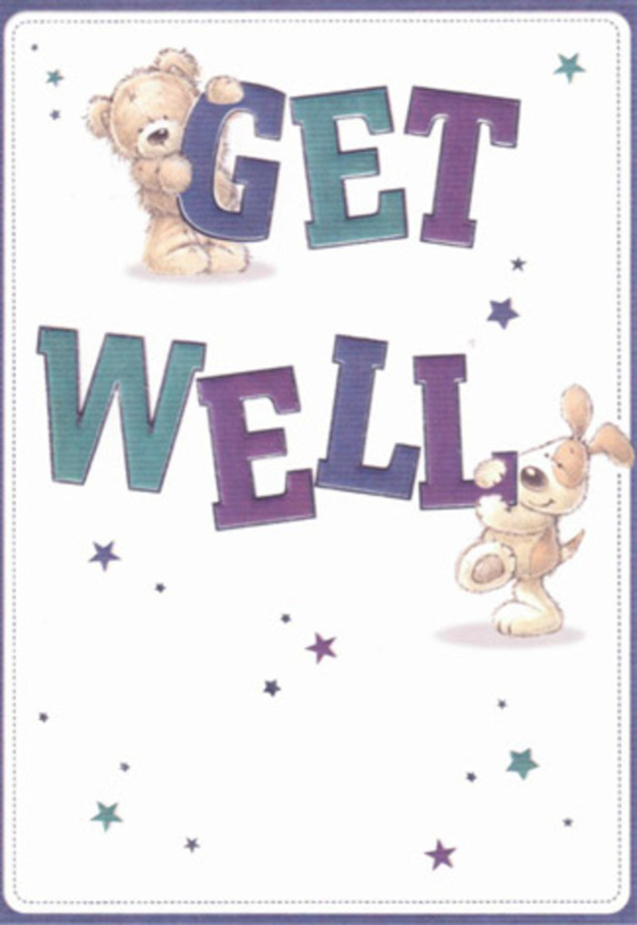 This charming card is a celebration of caring support, beautifully captured in illustrations that reflect the genuine warmth of Teddington's community spirit. The scene unfolds with a teddy bear and a floppy-eared puppy, their friendly forms encircled by glimmering starbursts that evoke wishes of swift recovery. Bold, expressive letters in glowing shades of purple and aqua ground the design, infusing it with an air of confident optimism. There's a luscious tactility to the composition: you can almost feel the bear's velvety fur and the soft, inviting texture of the puppy's ears-touchable comfort crafted in vivid detail. Imagine sending this card with a bespoke bouquet, arranged with just as much heartfelt intent as the ones found in local Teddington shops near the Thames. The card's airy, cheerful mood is perfect for lifting a loved one's spirits, bridging the gap between friendly gesture and genuine emotional balm, making it suitable for recipients of all ages.